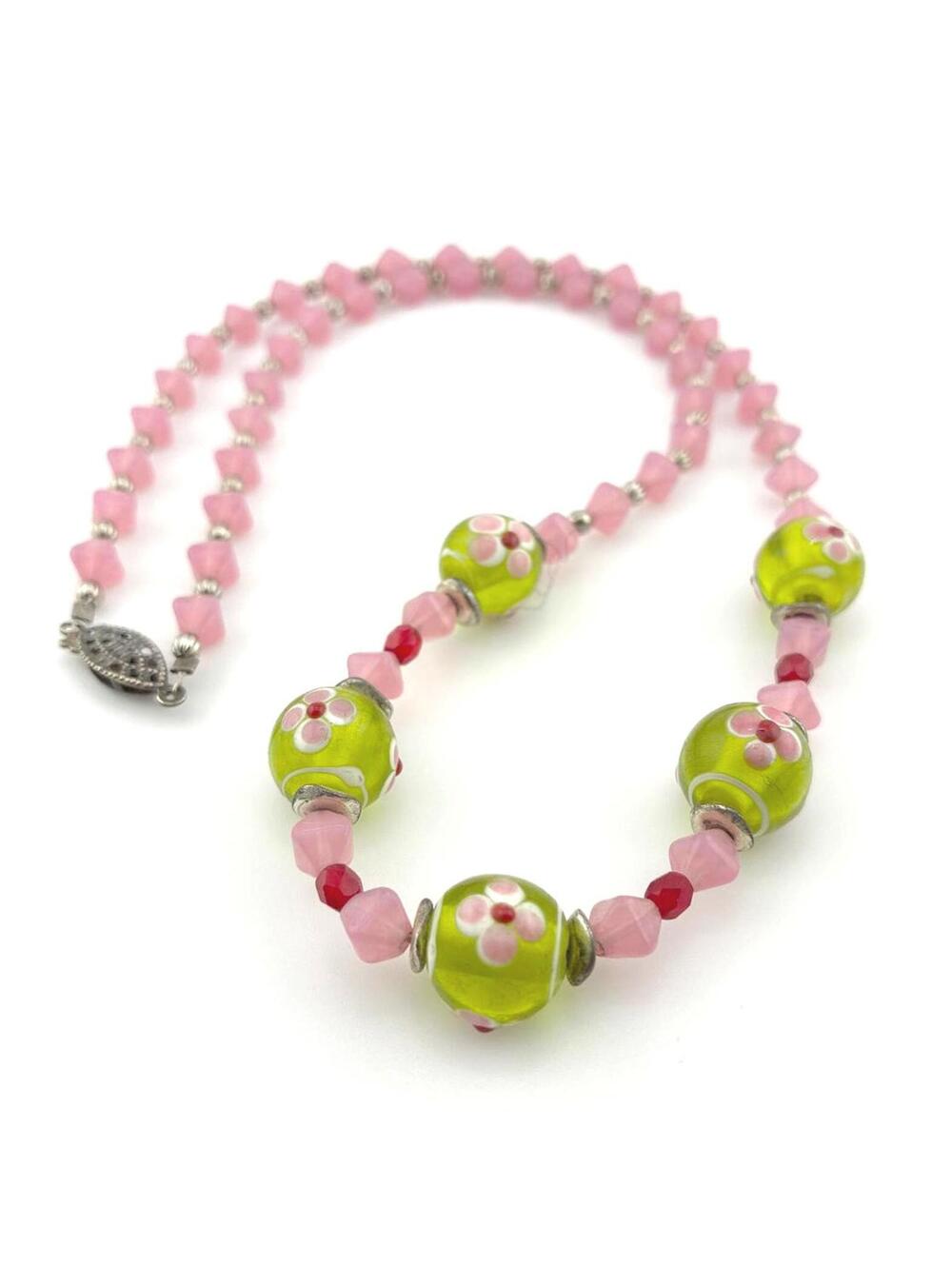 Vintage Handmade Pink and Green Floral Beaded Necklace with Silver Accents 21"